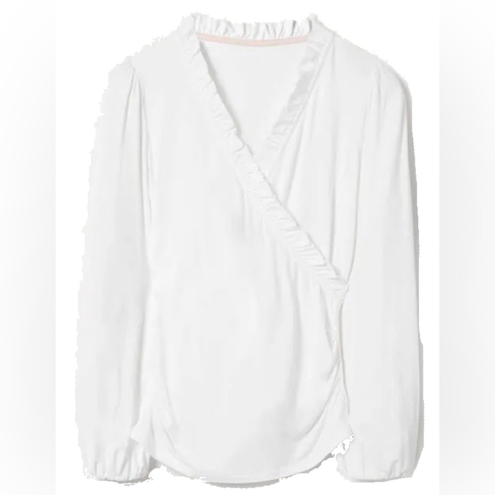 Long sleeve white jersey Boden faux wrap top with ruffle US 8/UK 12, EUC